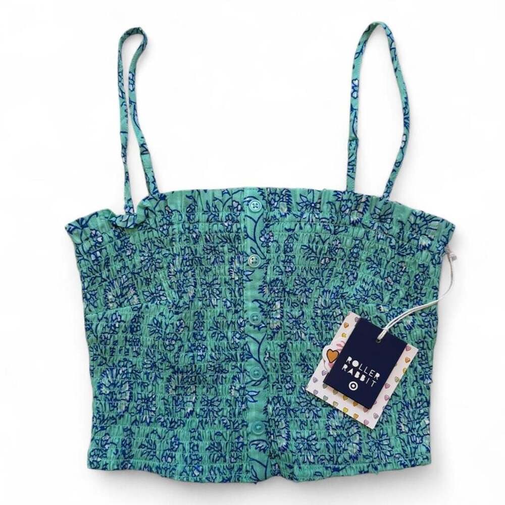 Roller Rabbit Aqua Blue Floral Smocked Tank Top